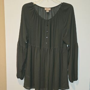 LOFT Olive Green Long Puffy  Sleeve Sheer Babydoll Tunic